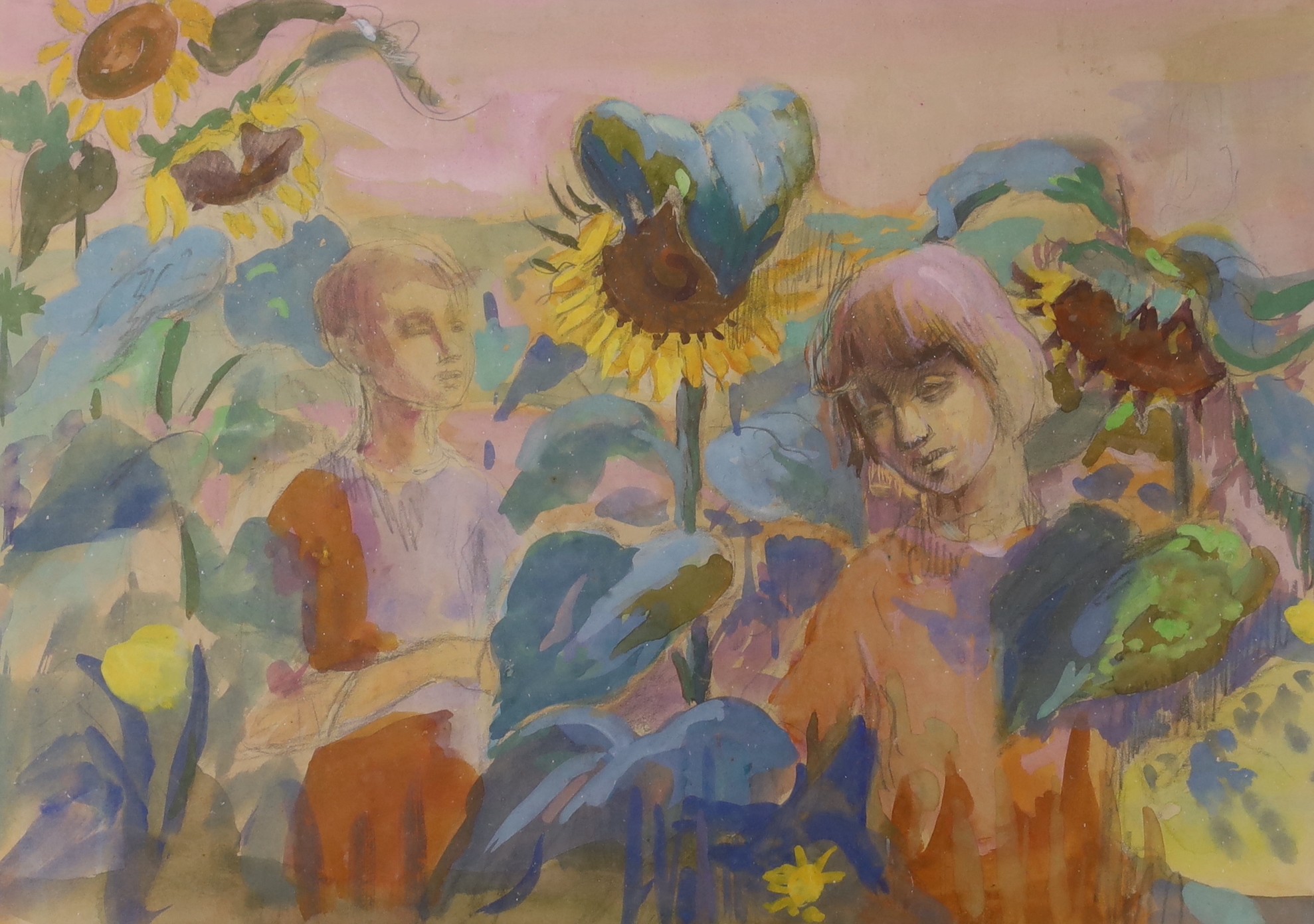 Phyllis Bray (1911-1991), pencil and watercolour, Children and sunflowers, Studio stamp verso, 27 x 39cm